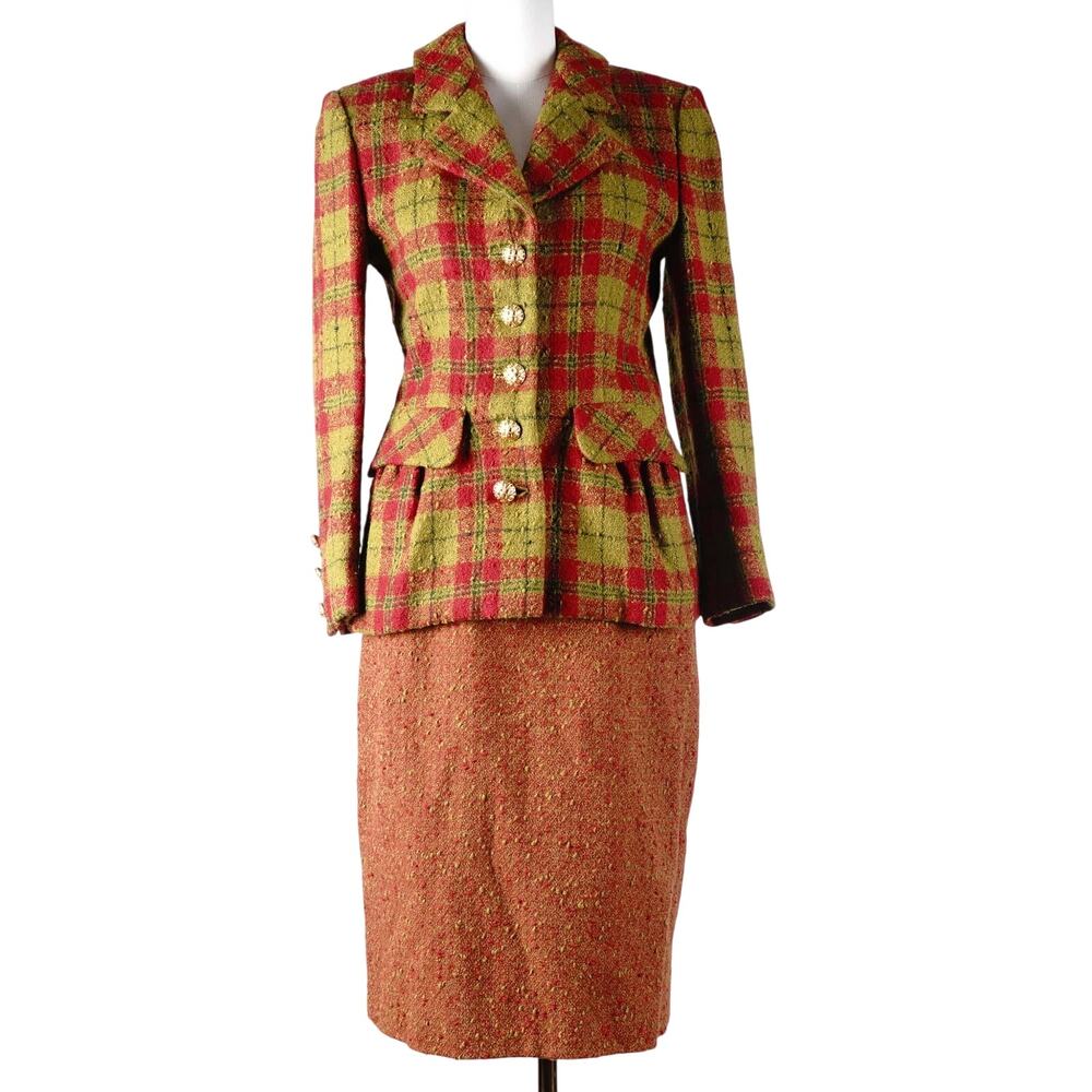 1980s Adolfo Saks Fifth Avenue Plaid Boucle Skirt Suit Vintage